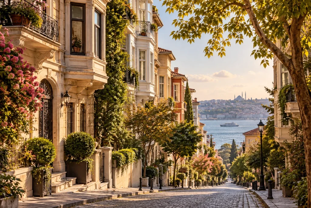 Elegant tree lined Istanbul residential street with handsome mid-rise apartments, bay windows and stone facades, a glimpse of blue Bosphorus water at the end of the descending street, soft golden ligh