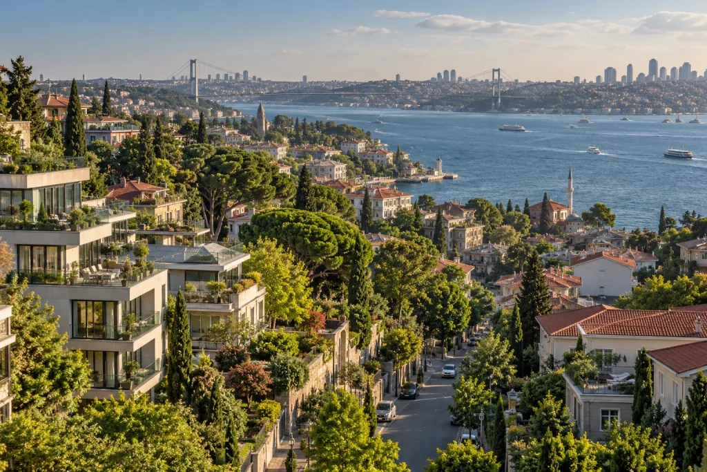 Elevated panorama across a green Istanbul residential district showing connected streets, contemporary apartments, leafy parks and the Bosphorus beyond, detailed urban fabric, clear afternoon light.