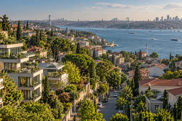 Elevated panorama across a green Istanbul residential district showing connected streets, contemporary apartments, leafy parks and the Bosphorus beyond, detailed urban fabric, clear afternoon light.