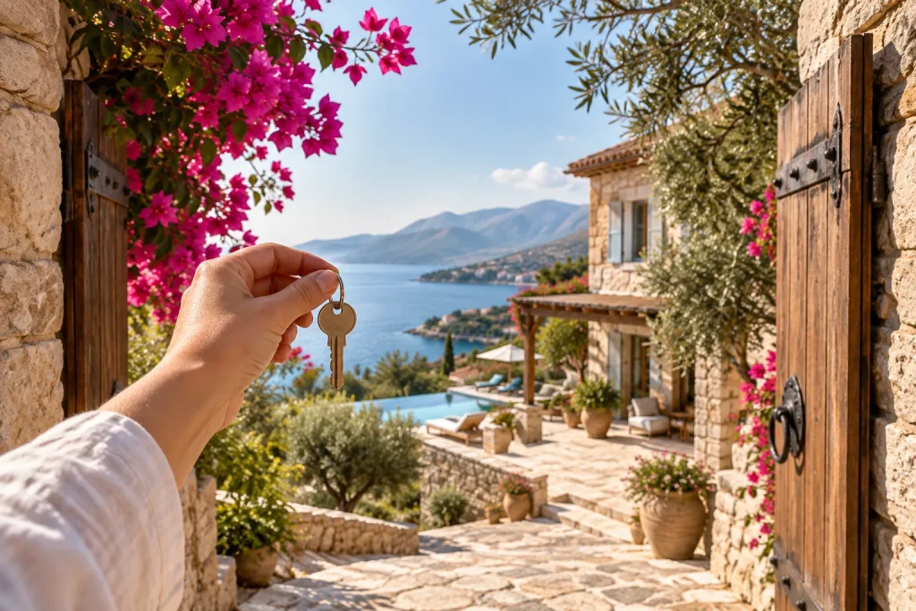 A welcoming sunlit Turkish coastal villa viewed through an open stone gateway, a visitor's hand holding a single house key in the foreground, bougainvillea and olive trees, warm Mediterranean atmosphe