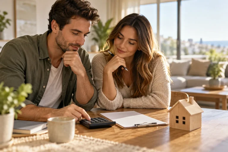 A couple's hands planning a home purchase at a wooden table with a small wooden house model, a simple calculator and blank paperwork, bright apartment background, intimate editorial photo.