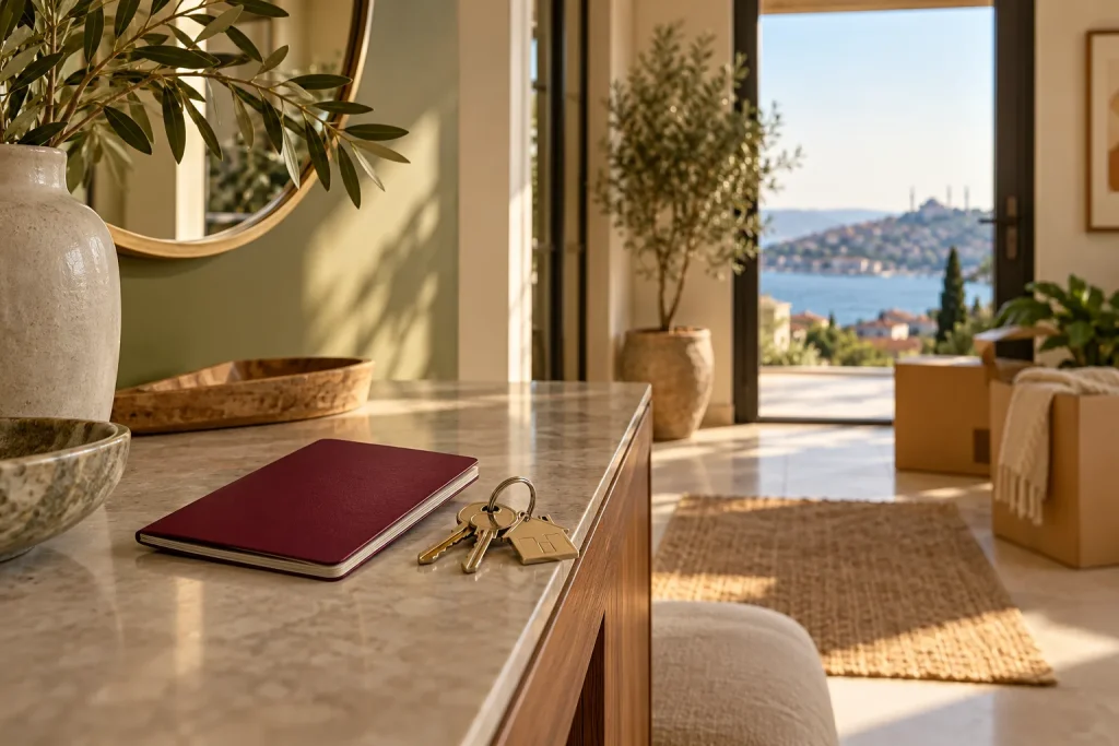 A peaceful modern Turkish home entrance with house keys and a closed plain burgundy travel document on an entry console, a family moving box softly out of focus, olive green and cream interior, no off