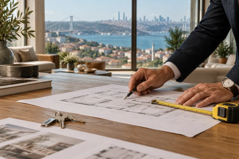 close editorial photograph of a careful property inspection in a bright contemporary Istanbul apartment: an architect's hands checking a floor plan and measuring tape on a natural oak table, keys besi