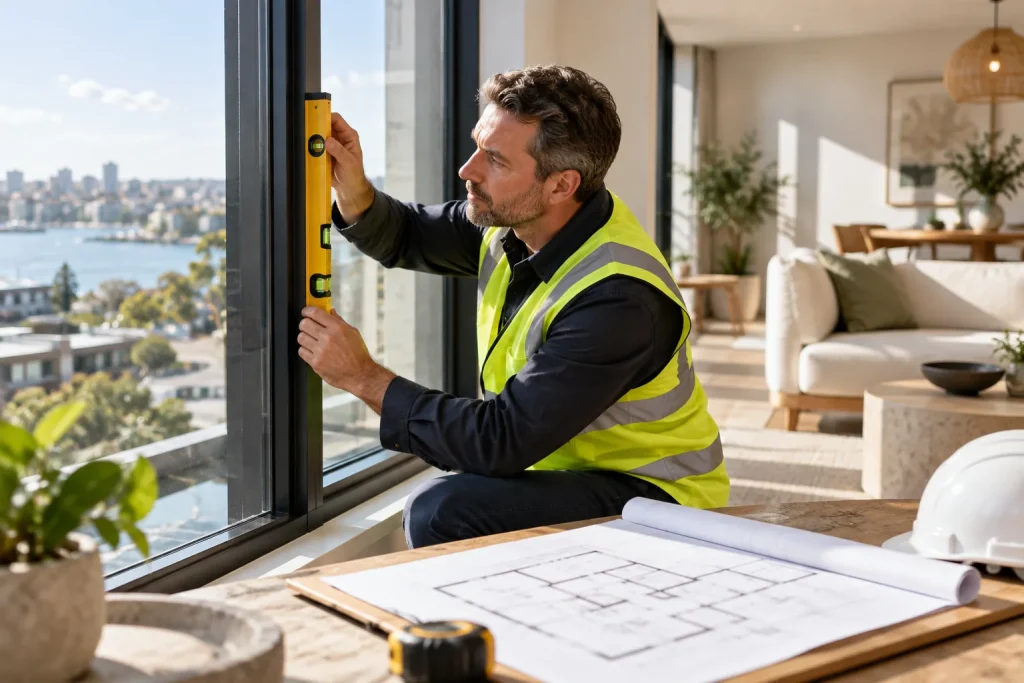 A professional surveyor inspecting a newly finished apartment window frame with a spirit level, architectural floor plan resting on a nearby work surface, bright realistic interior, documentary detail