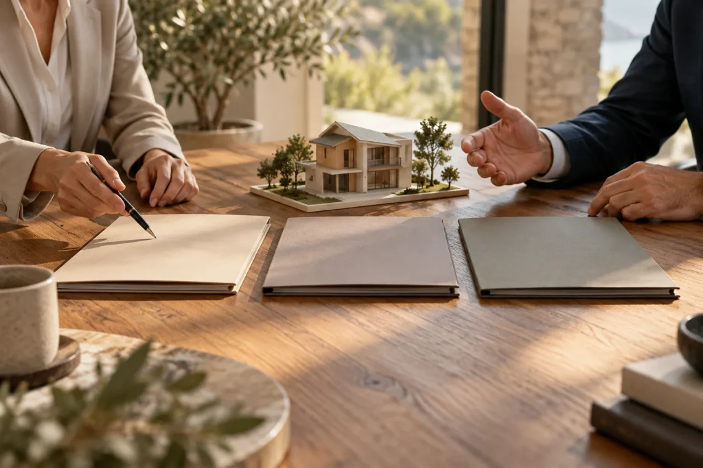 A property finance consultation: two professionals' hands comparing three unmarked neutral folders with a small architectural model between them on a sophisticated oak meeting table, faces out of fram