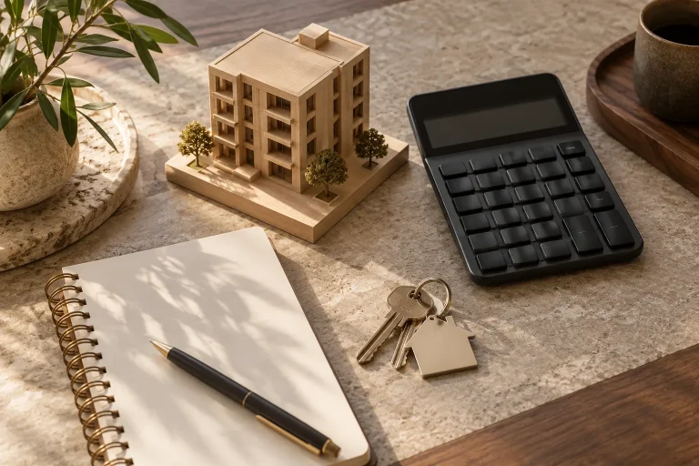 Overhead editorial still life of a calculator with dark unreadable screen, a minimal wooden apartment model, pen, house keys and blank notebook, warm stone and walnut desk, directional daylight