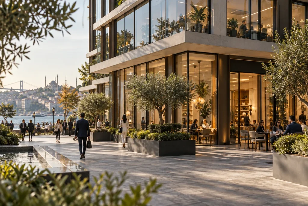 Architectural photograph of a refined mixed-use Istanbul commercial building with glass offices above tasteful unbranded street-level retail, stone paving and landscaping, daylight, no signage or logo