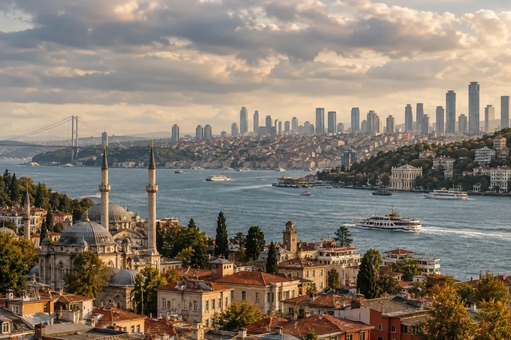 Balanced panoramic photograph of Istanbul with historic low-rise waterfront architecture in the foreground and contemporary high-rises beyond, Bosphorus water between them, rich but natural overcast l