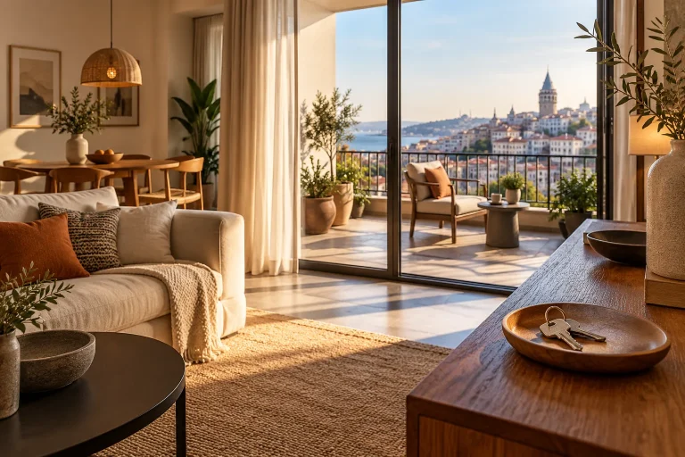 Warm contemporary rental apartment interior with a comfortable sofa, small dining area, neatly placed house keys on a wooden console, balcony opening to a Turkish urban neighborhood, natural light.