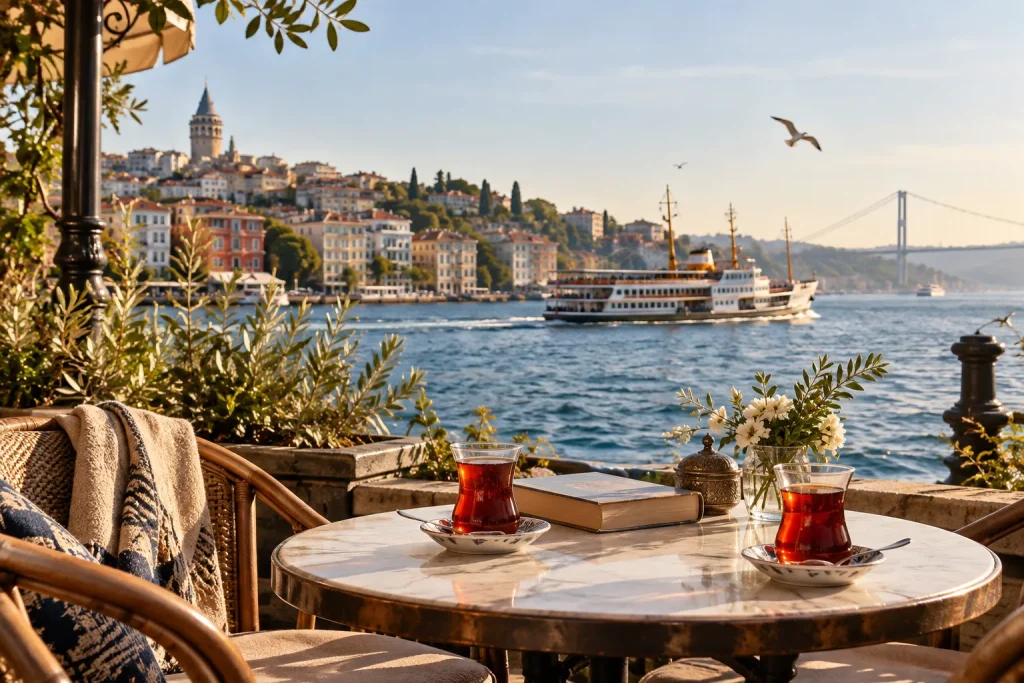 An intimate Istanbul waterfront cafe terrace with two Turkish tea glasses and a book on a small table, ferry on the Bosphorus and pastel waterside buildings behind, peaceful morning, no text.