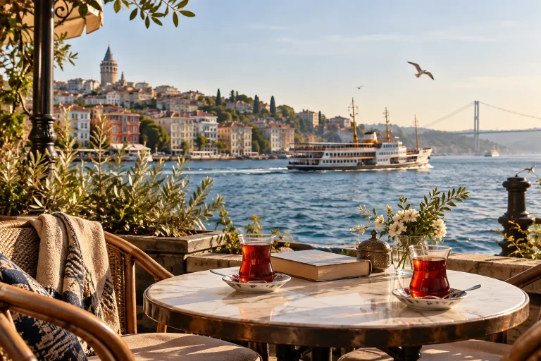 An intimate Istanbul waterfront cafe terrace with two Turkish tea glasses and a book on a small table, ferry on the Bosphorus and pastel waterside buildings behind, peaceful morning, no text.