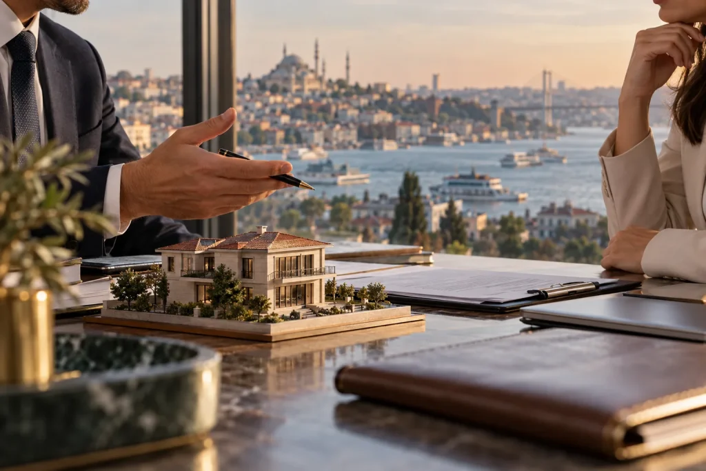 A calm banking consultation room with a small architectural house model and mortgage paperwork in the foreground, advisers' hands and a soft focus Istanbul skyline through glass behind, no readable wo