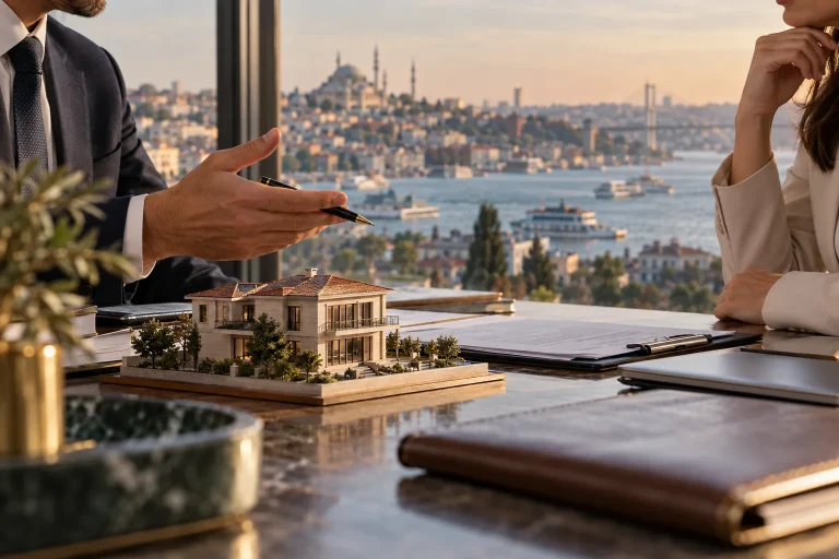 A calm banking consultation room with a small architectural house model and mortgage paperwork in the foreground, advisers' hands and a soft focus Istanbul skyline through glass behind, no readable wo