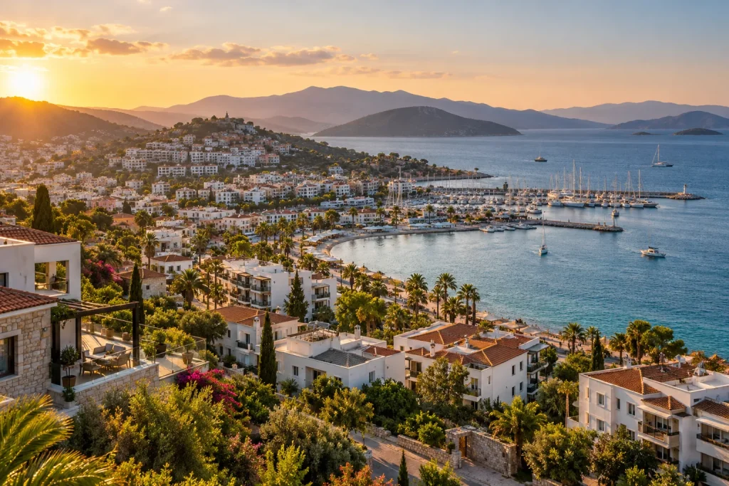 A sweeping elevated view of an attractive Turkish Aegean coastal town with varied apartment buildings, waterfront promenade, green hills and distant marina, late afternoon light.