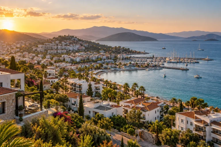A sweeping elevated view of an attractive Turkish Aegean coastal town with varied apartment buildings, waterfront promenade, green hills and distant marina, late afternoon light.