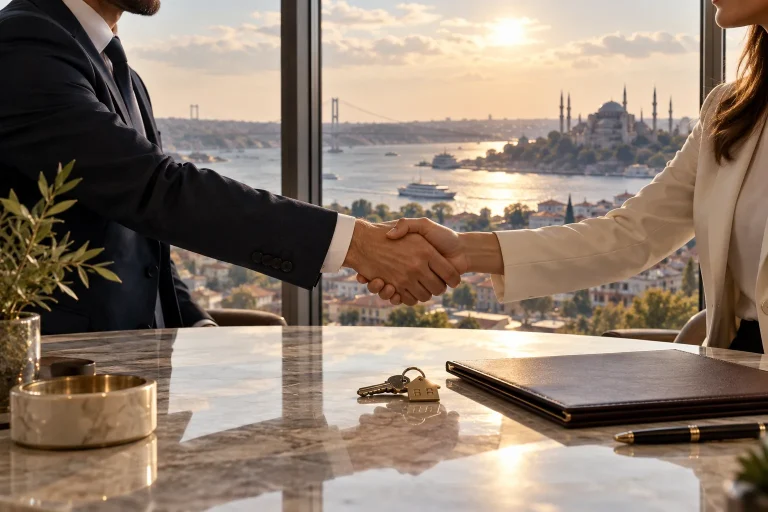 A completed property handover represented by two professionals shaking hands above a polished meeting table with house keys and a closed document folder, panoramic Istanbul windows behind, quiet confi