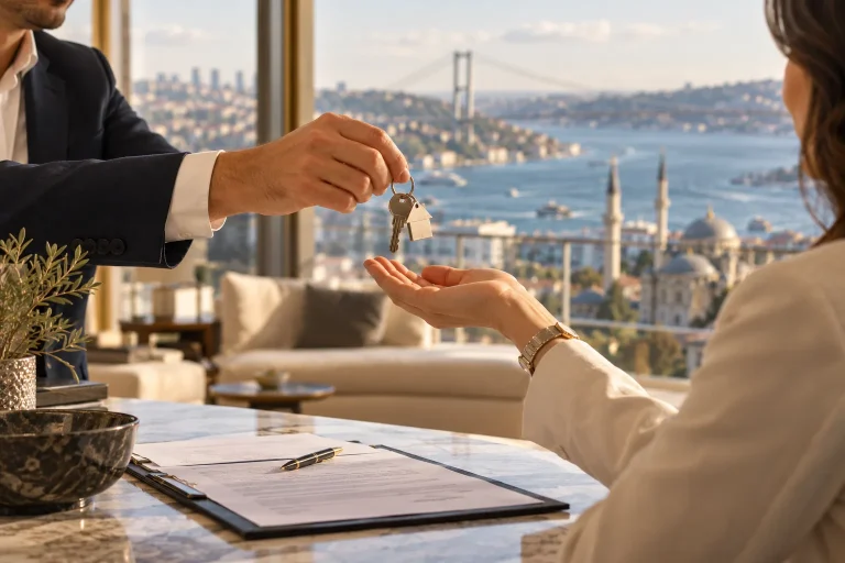 Close candid image of a property adviser handing house keys to a buyer in a bright modern apartment, signed-looking but unreadable papers on a table, Bosphorus through blurred windows, natural anatomi
