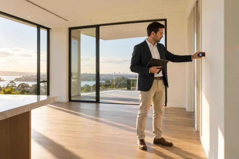 A property valuer holding a laser measuring device in an airy unfurnished modern apartment, clipboard in the other hand, wide windows and quality flooring, candid professional editorial photograph, no
