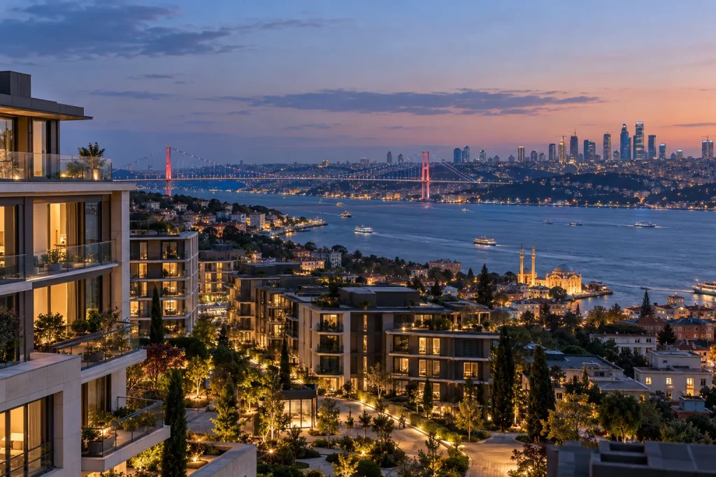 Modern Istanbul skyline with residential towers and landscaped mixed-use neighborhoods, cranes very subtly visible in distance, view across the Bosphorus at blue hour, realistic editorial architecture