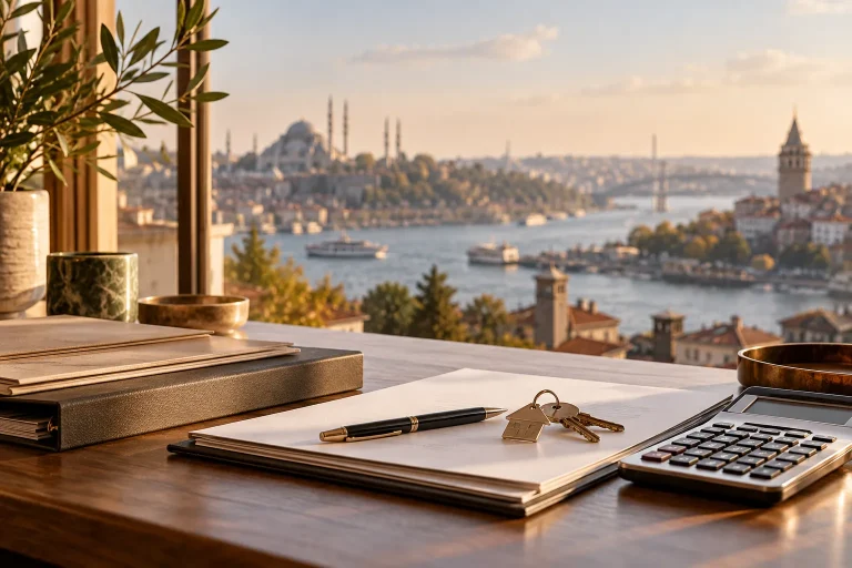 Close-up of a tidy financial planning desk with unmarked document folders, metal calculator, pen and keys, warm window light with a softly defocused Istanbul waterfront outside, high-end editorial rea