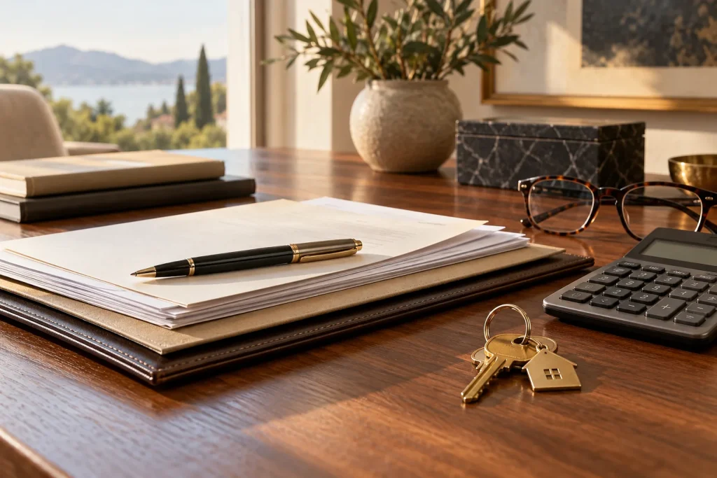 Elegant desk still life of neatly grouped blank transaction papers, calculator with unreadable display, pen, brass house keys and reading glasses, soft side daylight, refined financial magazine photog