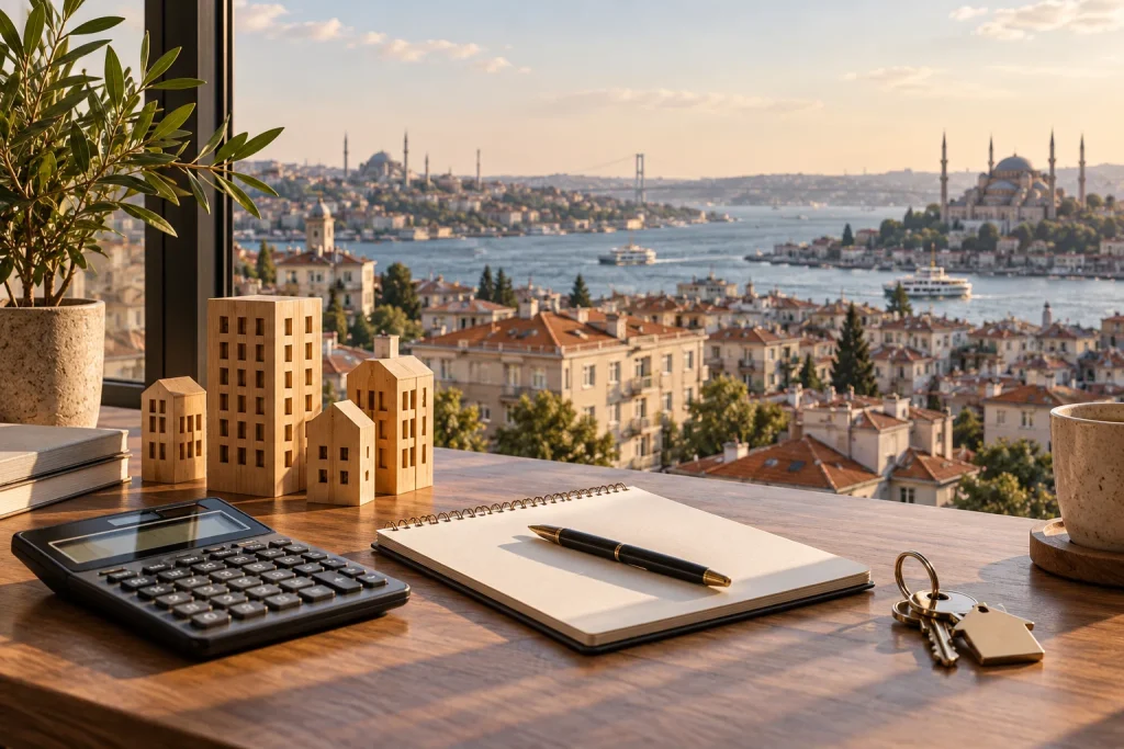 Property analyst's desk by a window overlooking Istanbul apartment rooftops: calculator, blank notebook, simple wooden building models of different sizes and house keys, tasteful realistic financial e