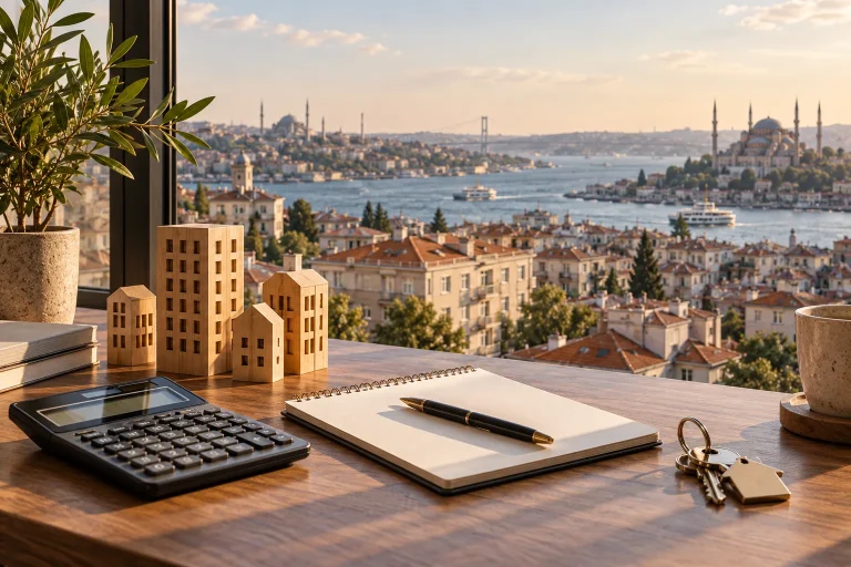 Property analyst's desk by a window overlooking Istanbul apartment rooftops: calculator, blank notebook, simple wooden building models of different sizes and house keys, tasteful realistic financial e