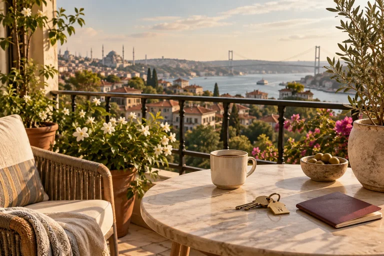 A sunlit balcony of a settled Turkish home overlooking a leafy Istanbul neighborhood, plant pots, a pair of house keys and a plain unmarked travel document on a small table, inviting sense of belongin