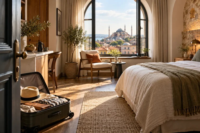 Beautiful compact Istanbul holiday apartment with open suitcase by the door, welcoming fresh linen and simple coffee setup, arched window overlooking historic rooftops, boutique hospitality photograph