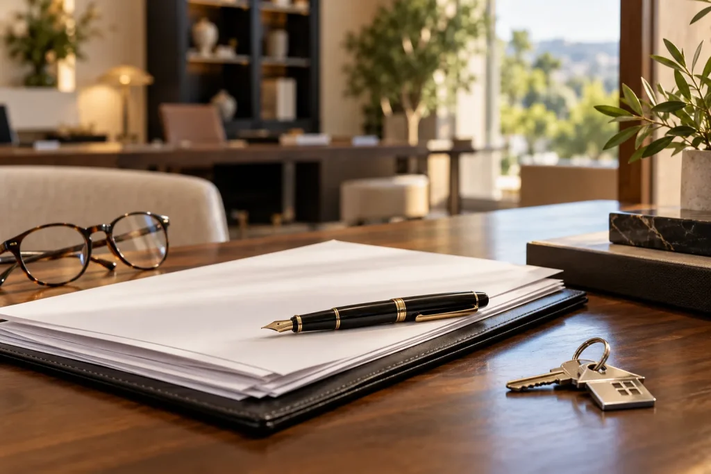 Close photograph of a real estate legal consultation desk: neatly arranged unmarked paperwork, fountain pen, reading glasses and house keys, soft focus professional office behind