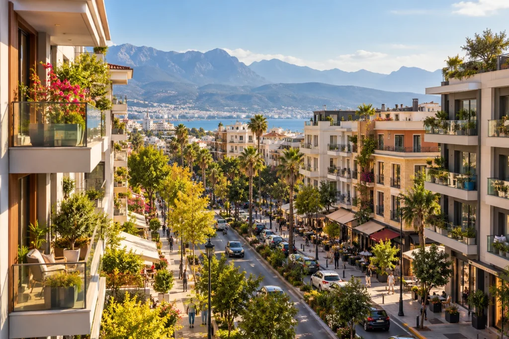 Modern well maintained mid-rise residential buildings along a lively walkable Turkish city boulevard with trees, balconies and small street level shops, elevated street perspective, morning sunlight