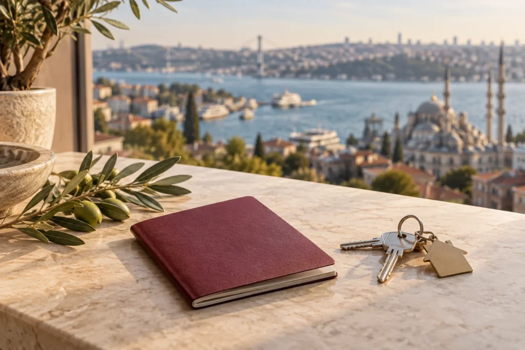 Thoughtful still life of a closed plain burgundy travel document without any emblem or text beside house keys and a small leafy olive branch on a limestone desk, softly blurred Turkish urban waterfron